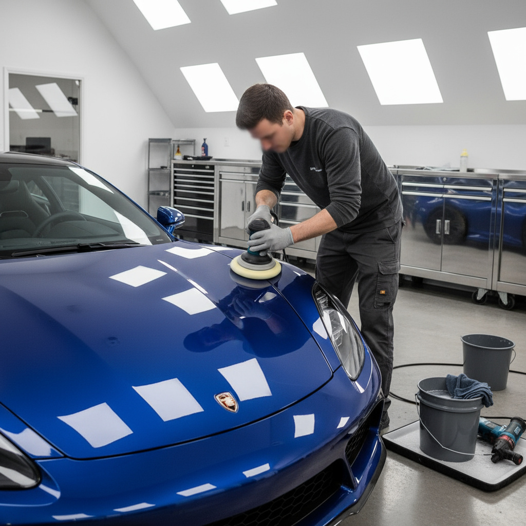 Techniker bei der professionellen Fahrzeugaufbereitung in sauberer Werkstatt
